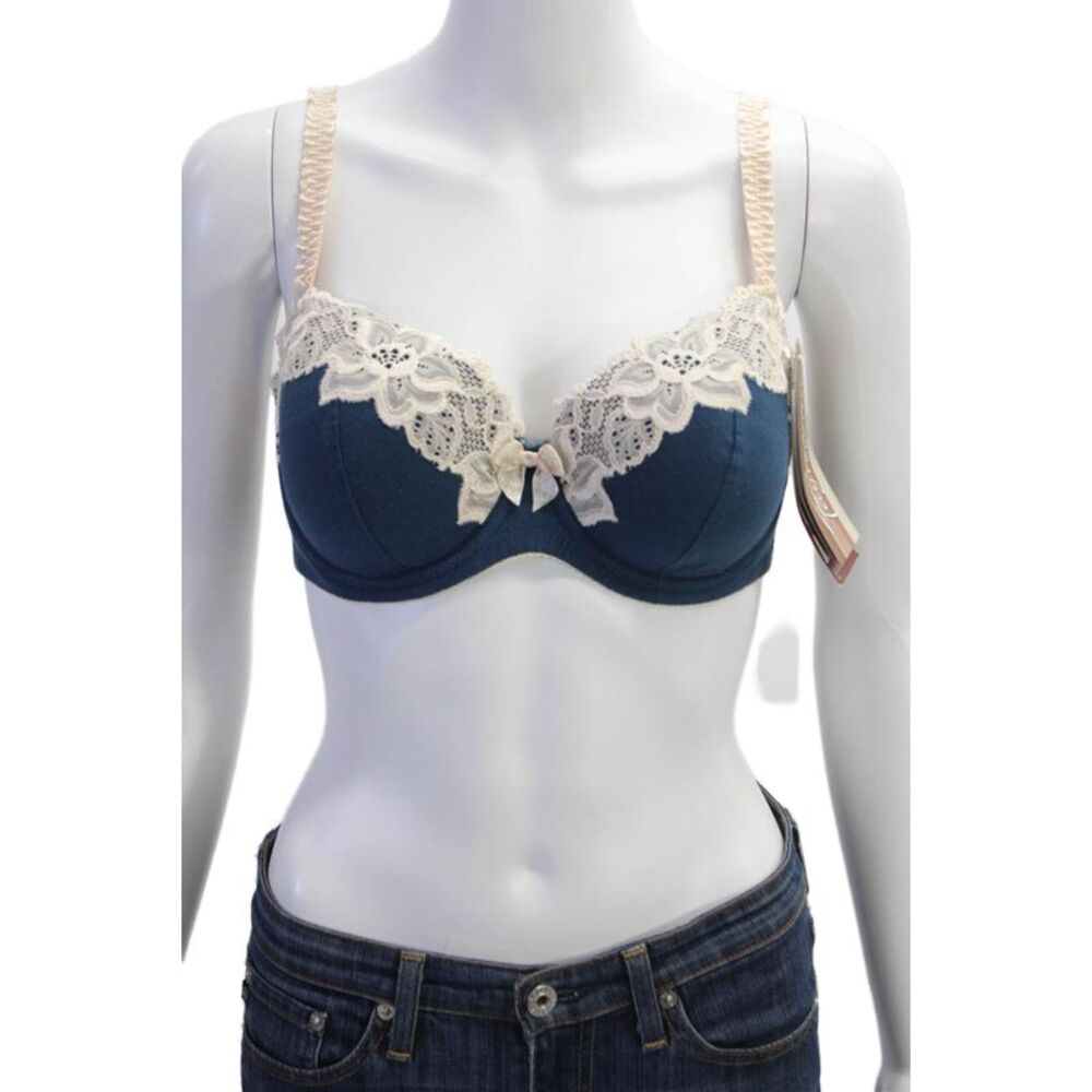 Fayreform Womens Cotton Lace Trim Detail Bow Accented Bra Blue Size 34DD
